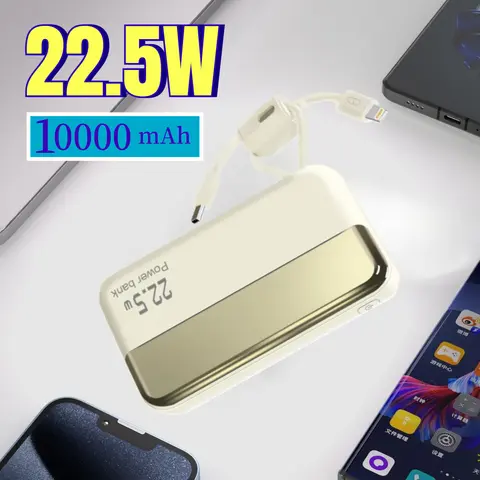 Bancos de energia de carregamento super rápido de 22,5 W com certificação CCC Cabo embutido de 10000 mAh para iPhone Xiaomi Samsung Huawei