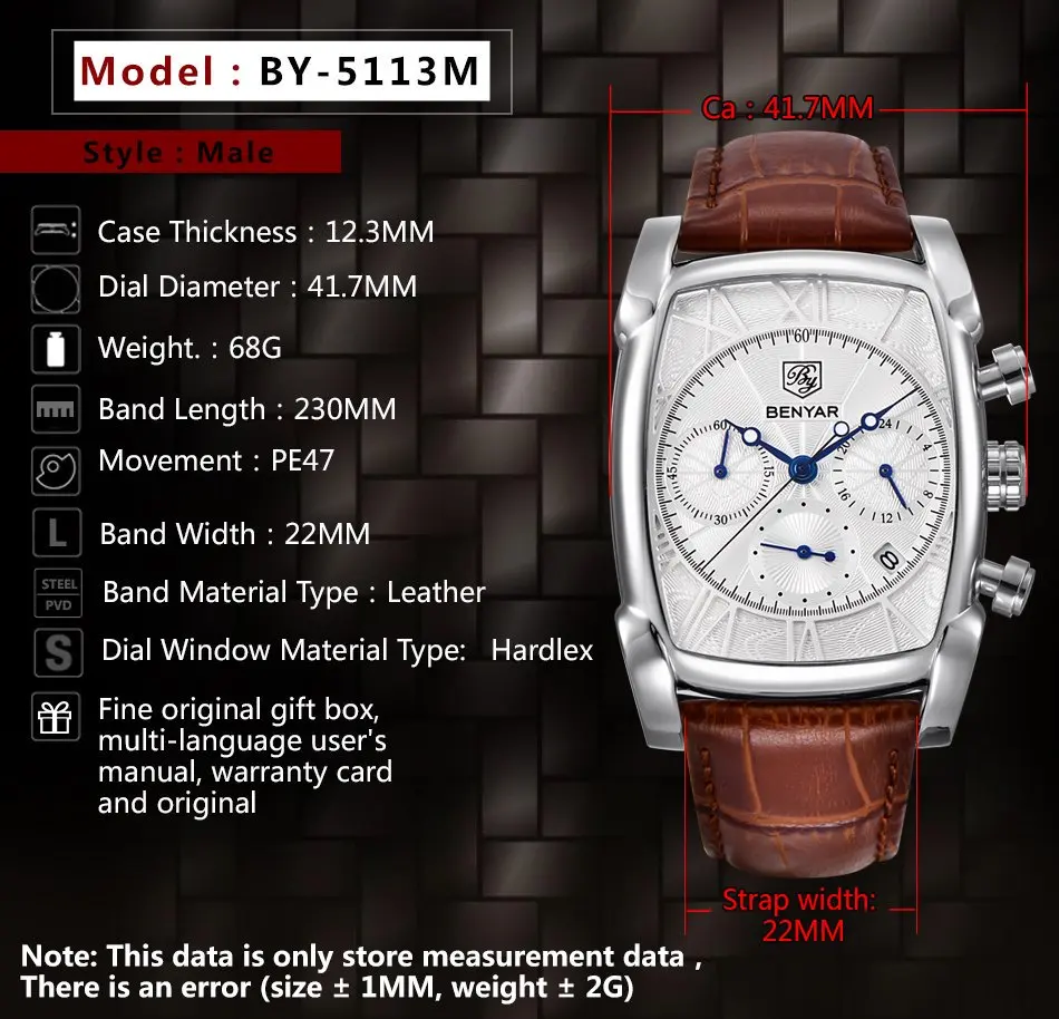 Relogio Masculino Mens Watches Top Luxury Brand BENYAR Chronograph Leather Quartz Watch Men Military Sport Rectangle Wristwatch - view 2