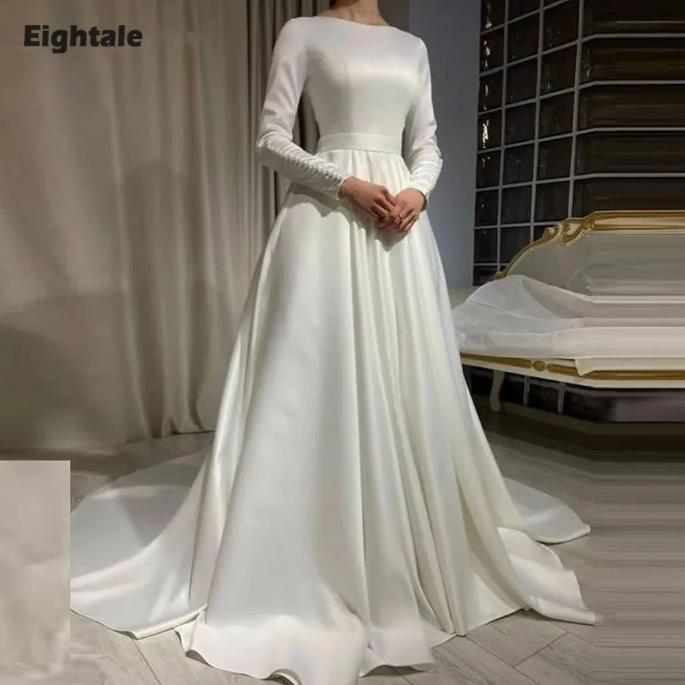 Suknia ślubna Eightale w stylu arabskim, szyta na miarę, w kolorze kości słoniowej, z dekoltem typu O, długa, z długimi rękawami, muzułmańska, zapinana na guziki, o kroju litery A, sukienka na przyjęcie weselne.