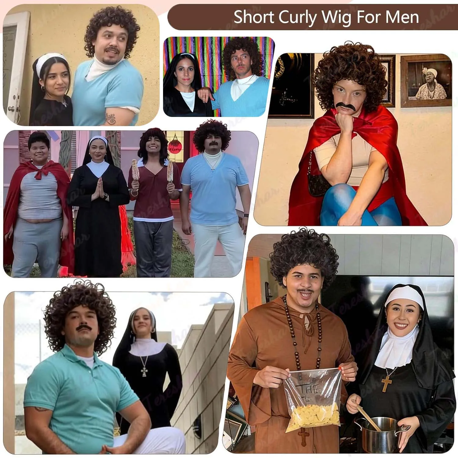 Synthetic Mens Black Brown Wig+Mustache,70s 80s Afro Curly Rocker Funny Wigs for Party Halloween Use,Nacho Libre Cosplay Wig