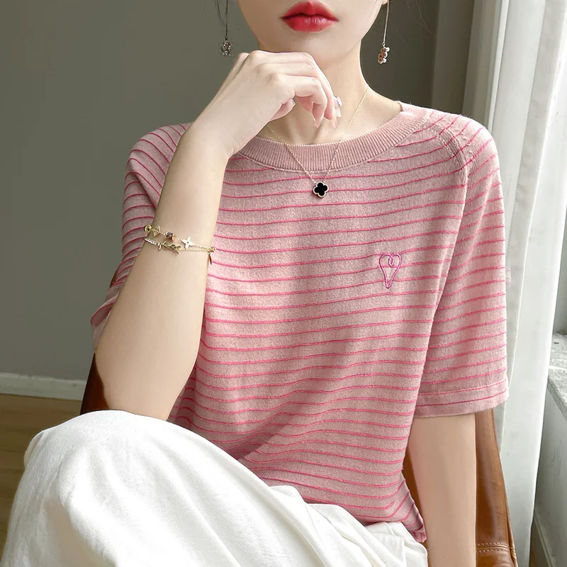 Summer Tencel Thin Short sleeved Women\'s Striped Round Neck Loose Pullover Korean Fashion Casual Silk T-Shirt Top