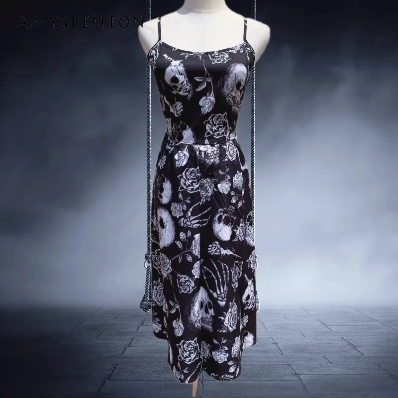

2025 New Japanese Summer Original Dark Gothic Subculture Street Skeleton Rose Hand Print Suspender Waist Thin Dress For Women