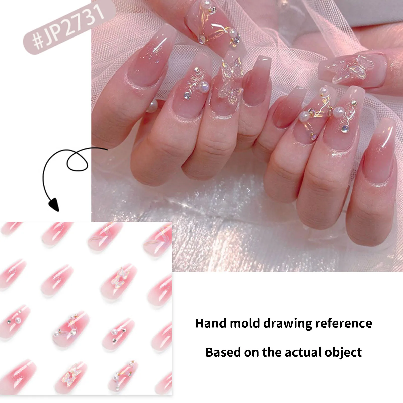 Sweet Pink Press-on Nail Glittering Rhinestones Butterfly Artificial Nail for Salon Expert and Naive Women