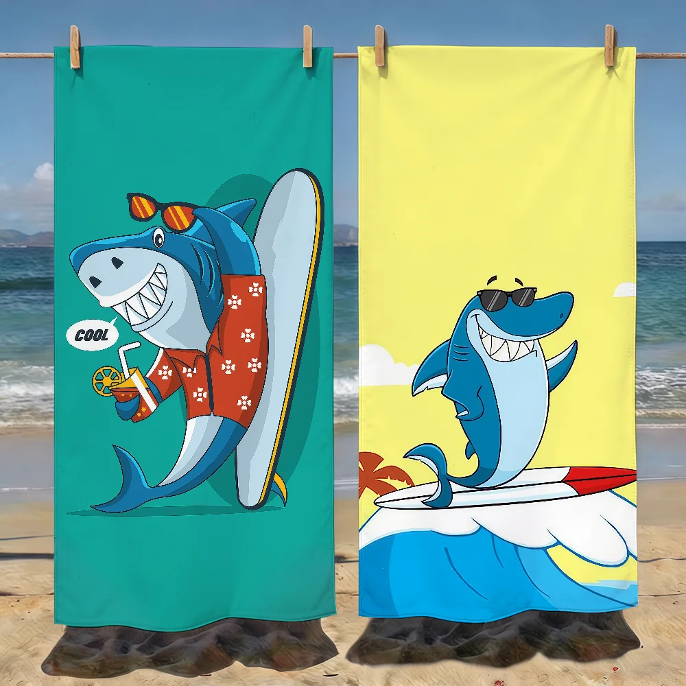 Cartoon Shark Surfing Towel Soft Pool Gift For Travel Gym Shower Camping Quick Dry Sports Beach Towels
