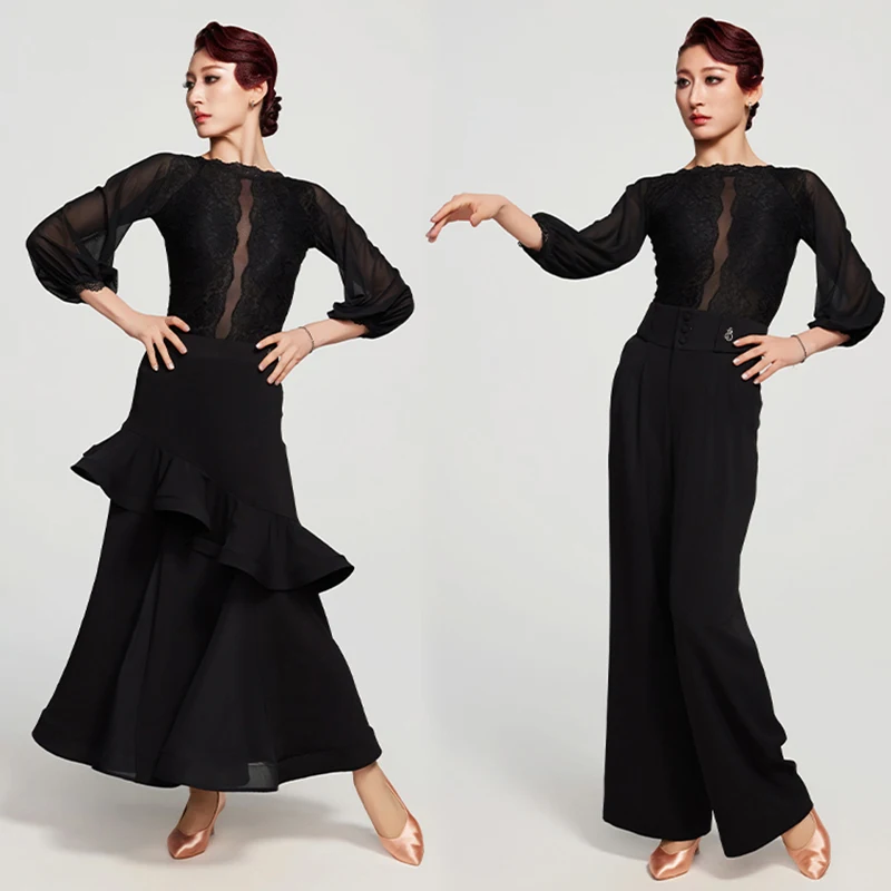 

2025 Ballroom Dance Clothes Women Black Lace Tops Long Skirt Pants Waltz Dance Performance Costume Latin Practice Wear BL16504