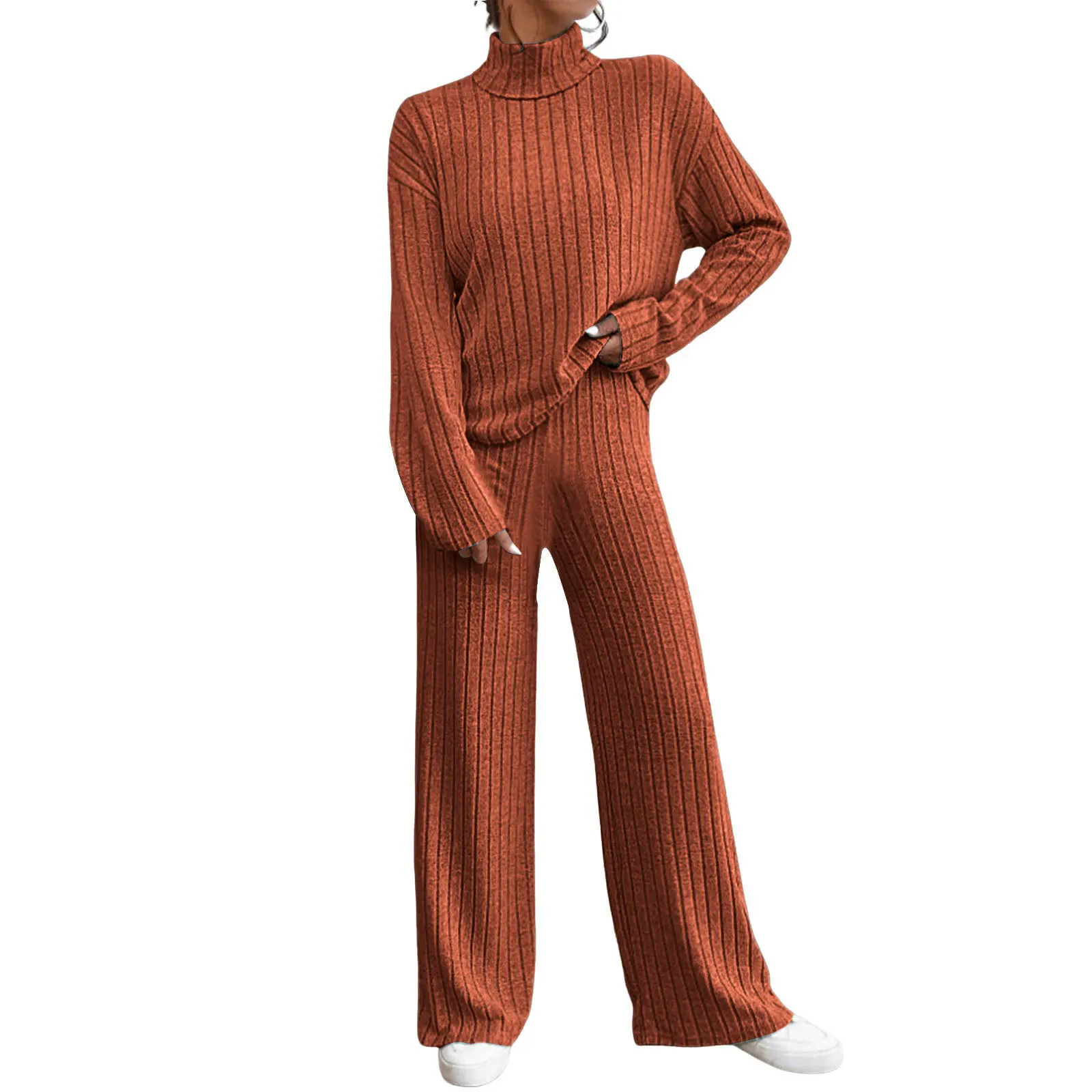 Women\'s Two Piece Suits Knitted Matching Outfits High Neck Loose Sweater And Pants Tracksuit Solid Color Autumn Sweater Sets