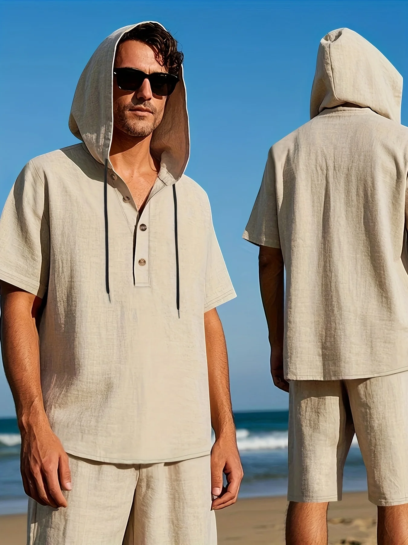 

Men's Two-Piece Summer Linen Set Loose Fit Henley Shirt And Shorts Four-Season Minimalist Outdoor Sportswear