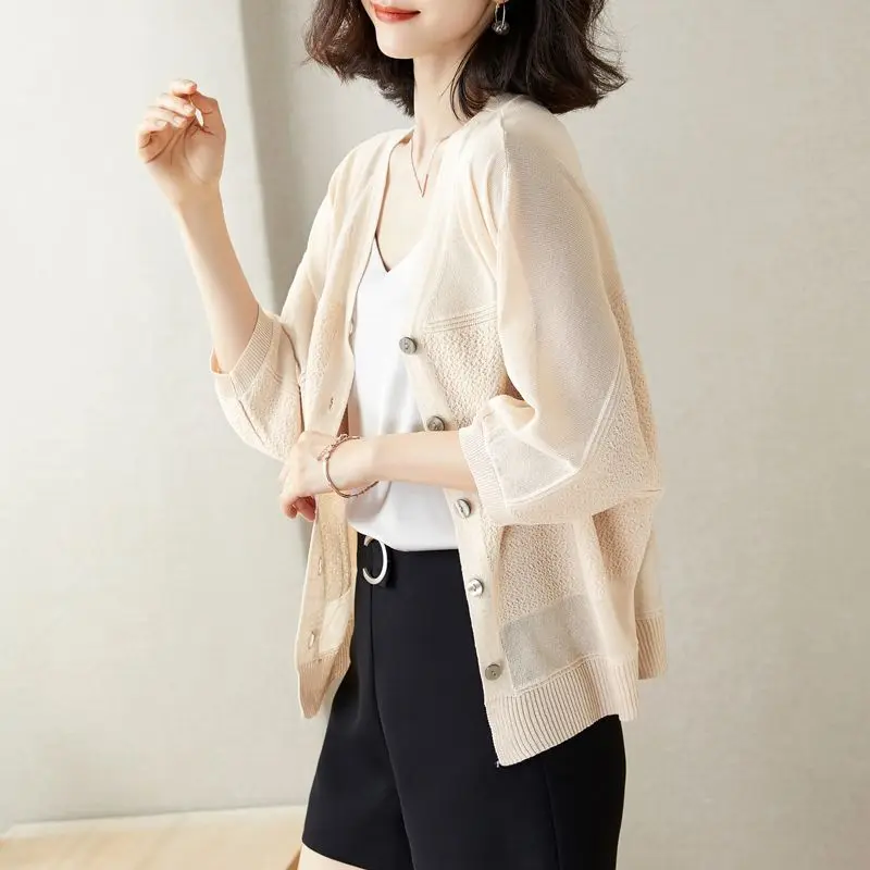 Women\'s Clothing Summer Fashion Elegant All Match Ice Silk Thin Knitted Cardigan Simple Solid V Neck 3/4 Sleeve Loose Chic Tops