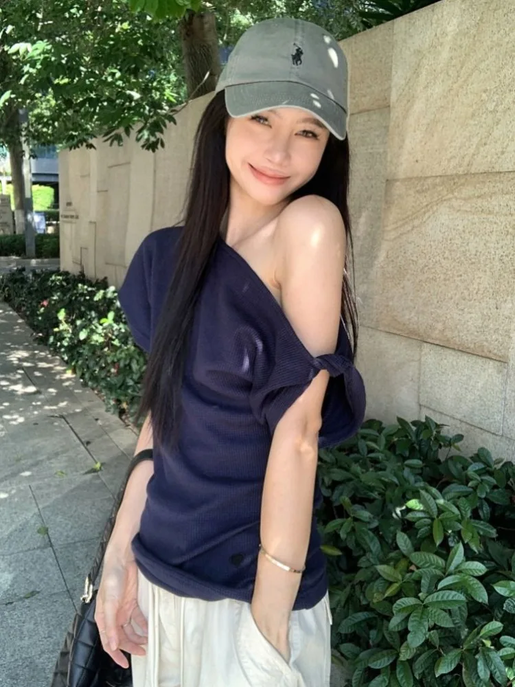 Skew Collar Off-shoulder T-shirts Women Slim Sexy Summer Street Style Harajuku Simple Lady Fashion Korean All-match Hotsweet Y2k