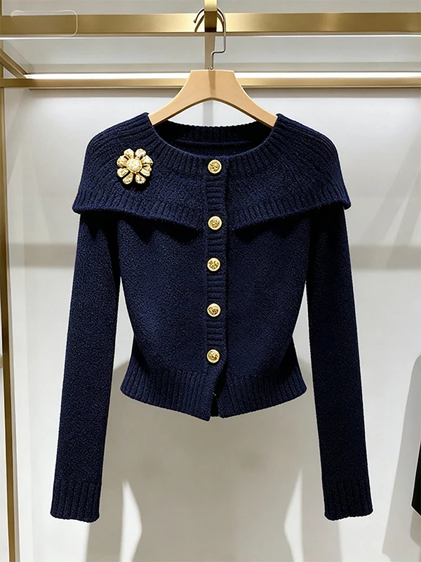 

k Blue Knitted Cowl Ne Sweater Coat for Women Autumn Winter Ele Unique Small Fraance Sle Faion Outer...