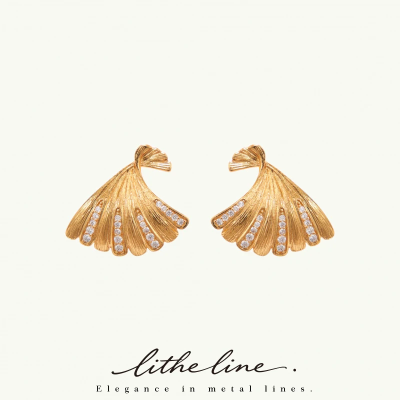 

Litheline 24K Gold Plated Sustainable Brass Ginkgo Earrings, Vintage Brushed CZ Inlaid Artisanal Luxury Jewelry