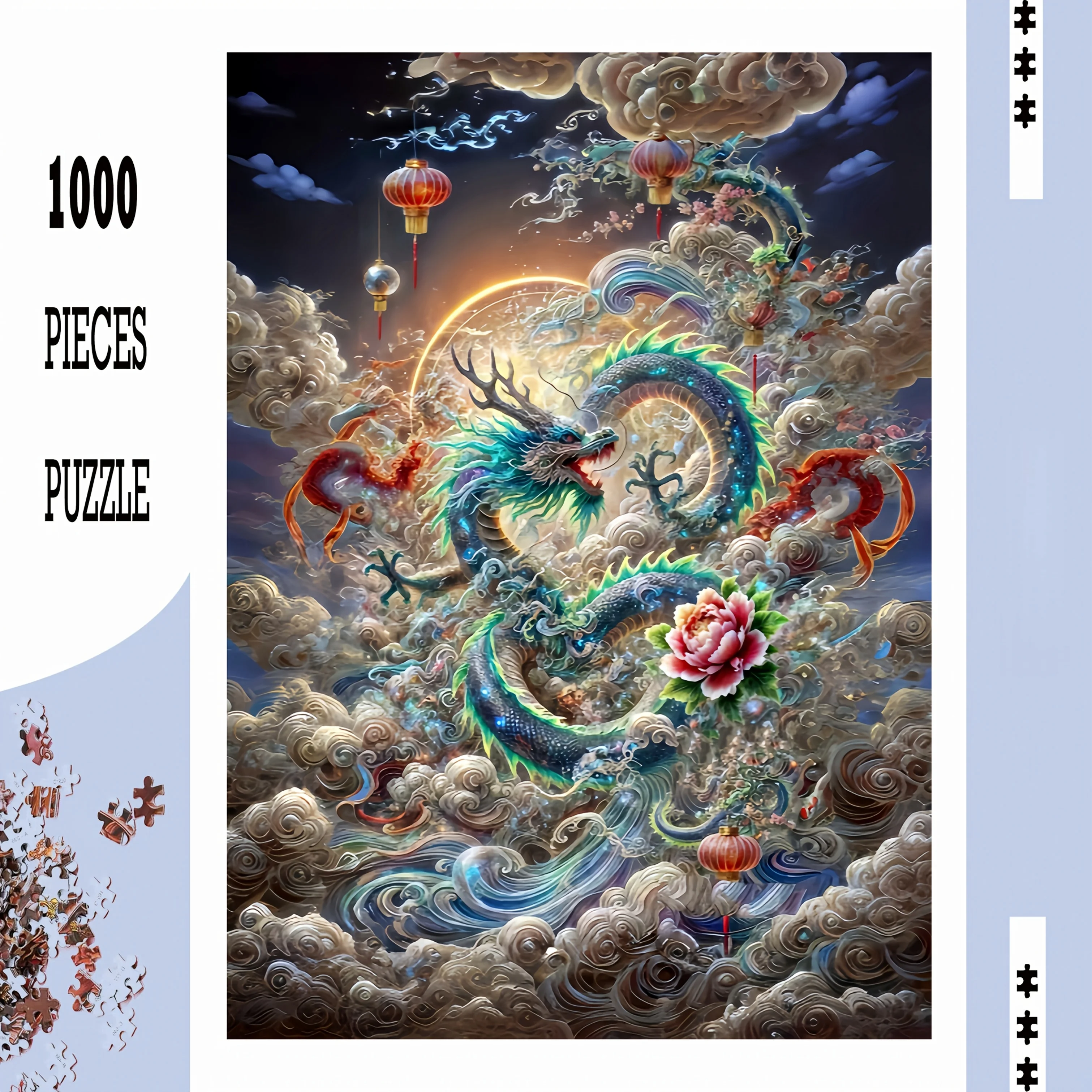 Puzzle 1000 elementów Smok i Kwiaty z podstawką i wielokolorowymi elementami - Trudna łamigłówka dla dorosłych i rodzin.