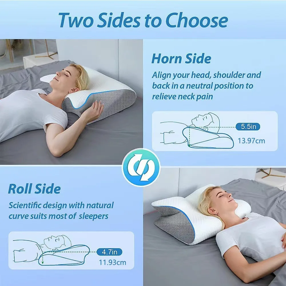 Memory foam cow horn pillow, not prone to collapse, pillow core with outer cover, bare core, adult side sleeping,neck protection