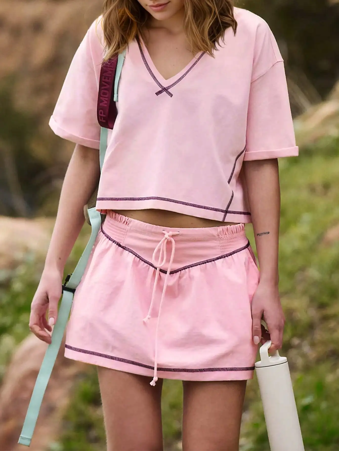 

Fisoew Thin Stripe Trim V-Neck Tee + Drawstring Tennis Skirt Set | Y2K Korean Aesthetic Casual Sport Outfit | Slim Fit Coord