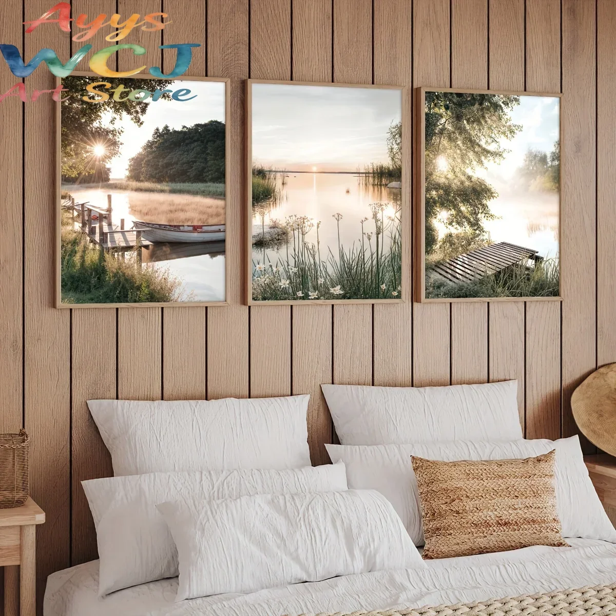 3pcs Set Modern Rustic Landscape Canvas Art Prints - Frameless Geometric Triptych Wall Posters - Serene Lake and Wooden Canoe Na