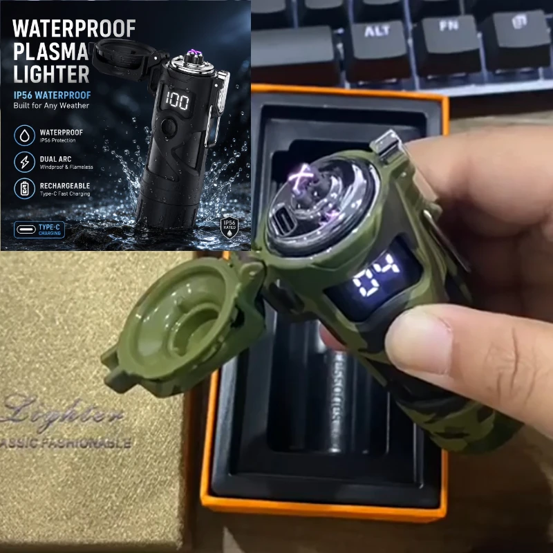Dual Arc USB Lighter Windproof Outdoor Flashlight Multifunctional Survival Tool Portable Plasma Ignition Strong Light Pulse Tool