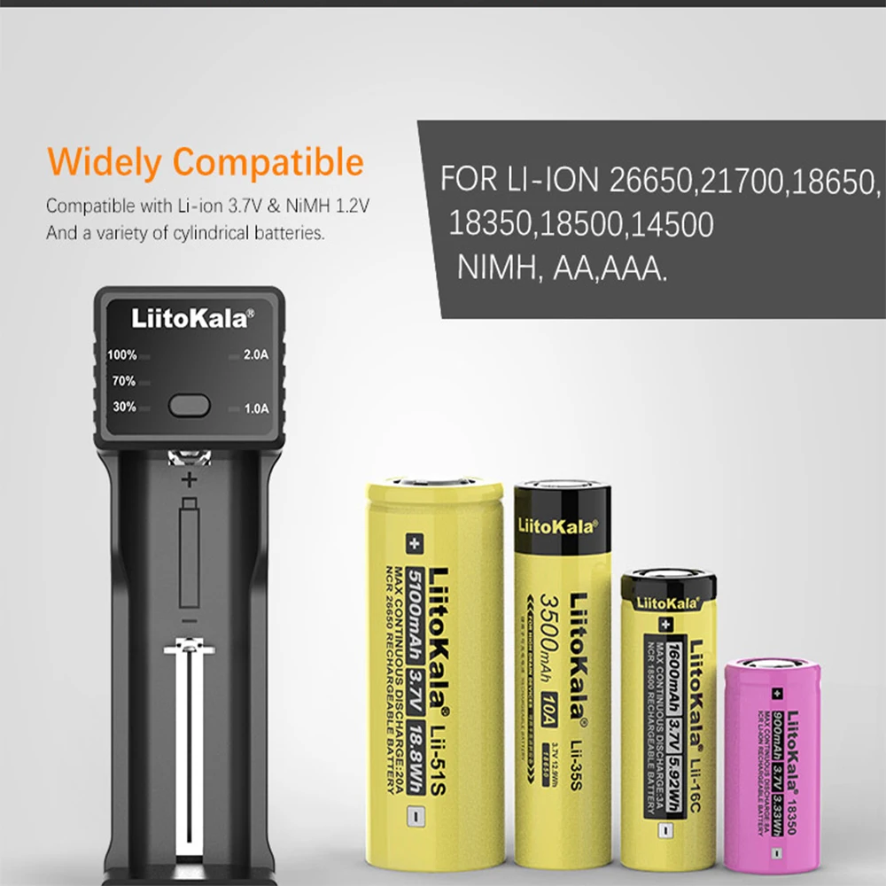 LiitoKala Lii-100C 21700 Rechargeable Battery Charger For 3.7V 18650 18350 26650 1.2V AA AAA Ni-MH C 2A Fast Charge USB Output