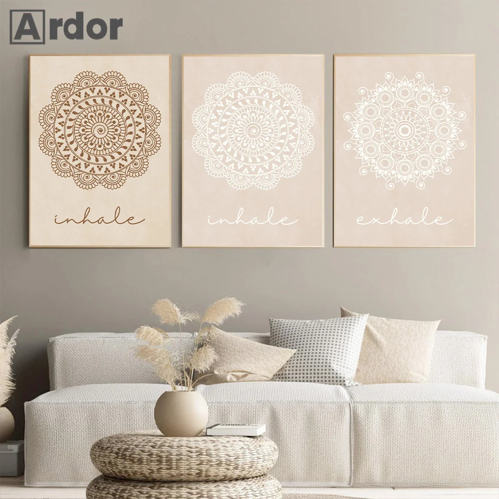 Boho Abstract Beige Art Poster Mandala Canvas Painting Yoga Inhale Exhale Lines Flower Print Wall Art Pictures Living Room Decor