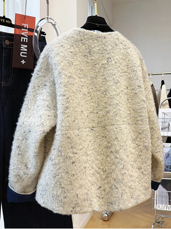 Korean Style Thick Tweed round Neck Short Coat Women's Autumn Winter Unique Beautiful Woolen Jacket Warm Loose Fit Straight Hem