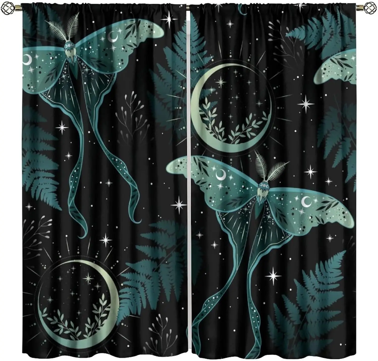 Vintage Moth Floral Curtains, Fantasy Boho Moon Star Leaves Botanical Window Drapes for Living Room Bedroom Kitchen Decor