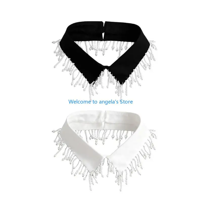 

X4YC женская элегантная блузка с жемчугом и кисточками из искусственного воротника, съемная блузка с накладными лацканами,