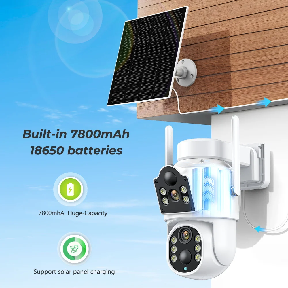 4MP Wireless Solar Camera Built in Battery Dual Lens Dual Screens PTZ Wifi Camera PIR Human Detection Security Protection ICSEE