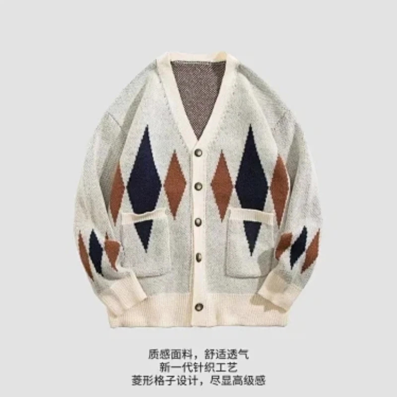 Men V Neck Argyle Cardigan Color Block Knit Jacket Casual Long Sleeve Outerwear For Autumn Winter view 3