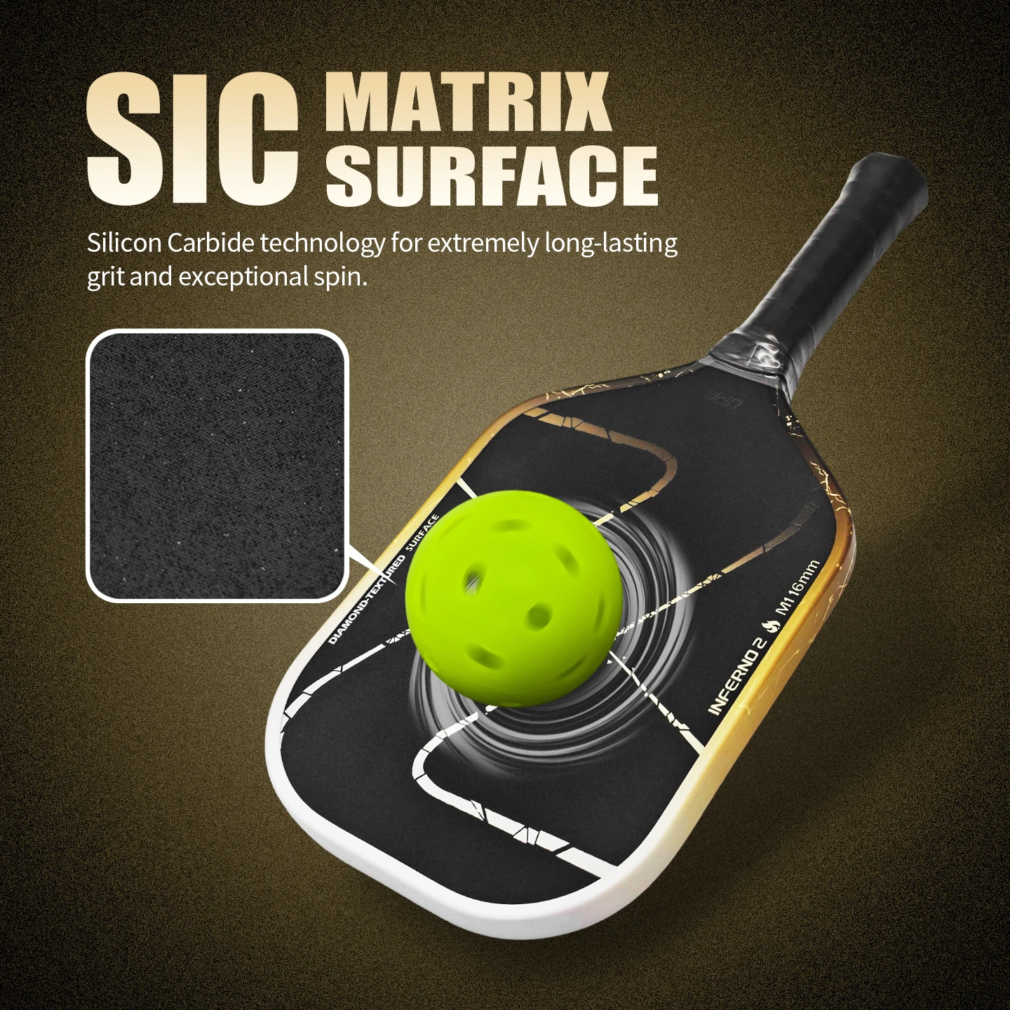 Luzz Inferno 2.0 Aero Black M1 16mm Elongated Pickleball Paddle MPP Core Emery Carborundum Durable Rough Grit Surface