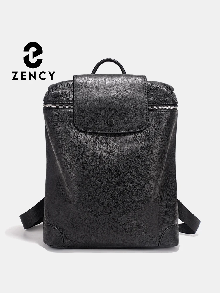 Zency 100% Genuine Leather Black Backpack Multi-pocket Design Knapsack Flap Bag Large Capacity Rucksack For A4 Ipad