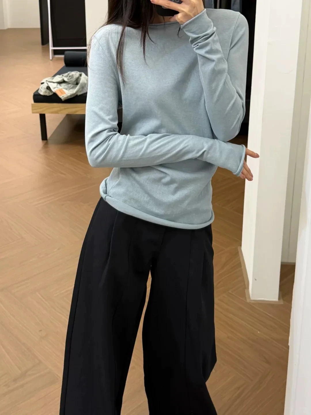 Slimming Effect Blue Roll-Up Sleeve T-Shirt Casual Inner Wear Top High Waist Cotton Blend Polyester Long Sleeve round Neck
