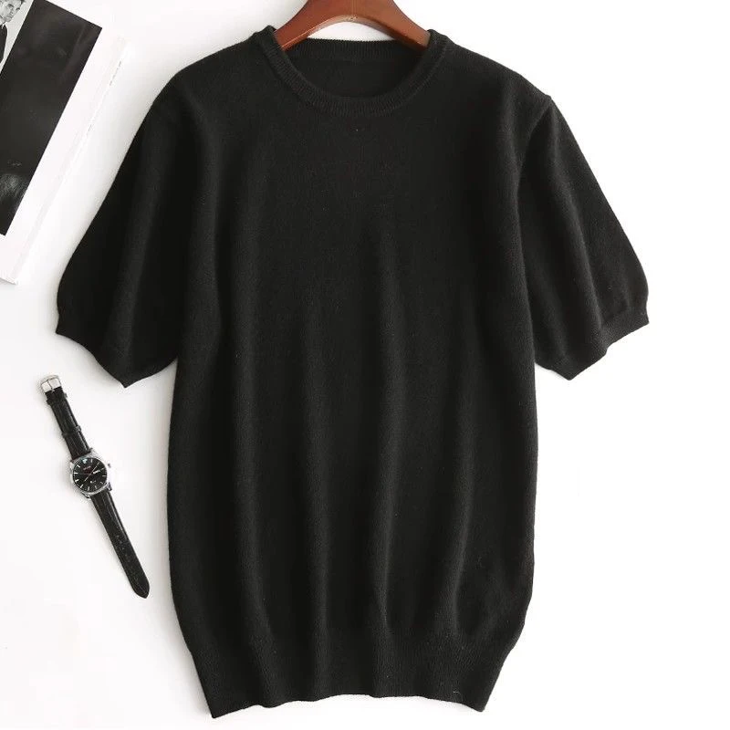

Wool Short Sleeved Men's Round Neck Cashmer Summer T-shirt Loose Half Sleeve Knitted Shirt Top Fashion Breathable Anti-Odor