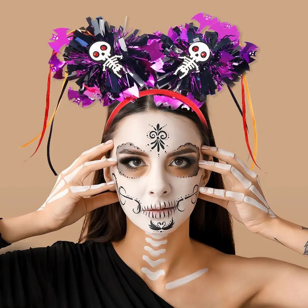 Diademas de murciélago para Halloween, diadema con borlas a rayas de calabaza, aro para el pelo de Halloween, atmósfera fantasma, artesanía, diadema de esqueleto de murciélago