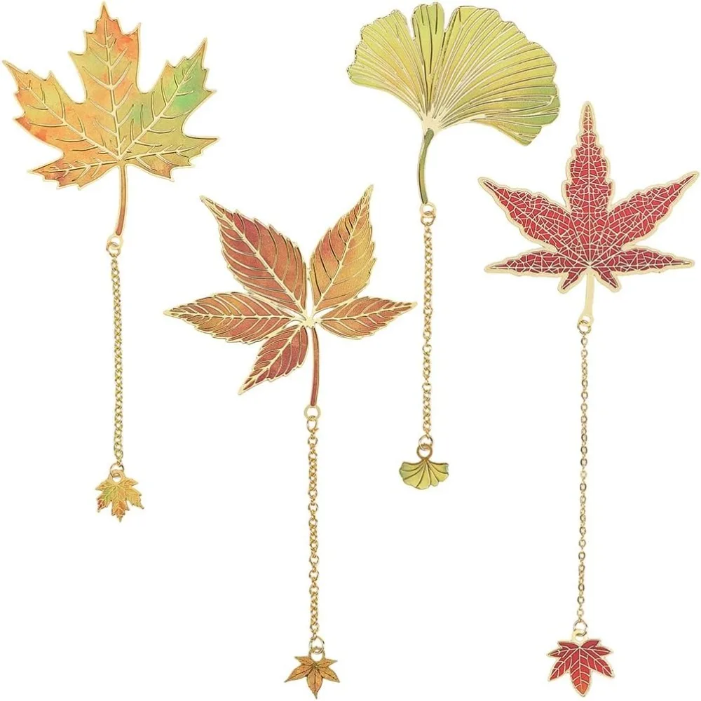 

4Pcs Leaf Alloy Bookmarks with Long Chain Mixed Shapes 170mm