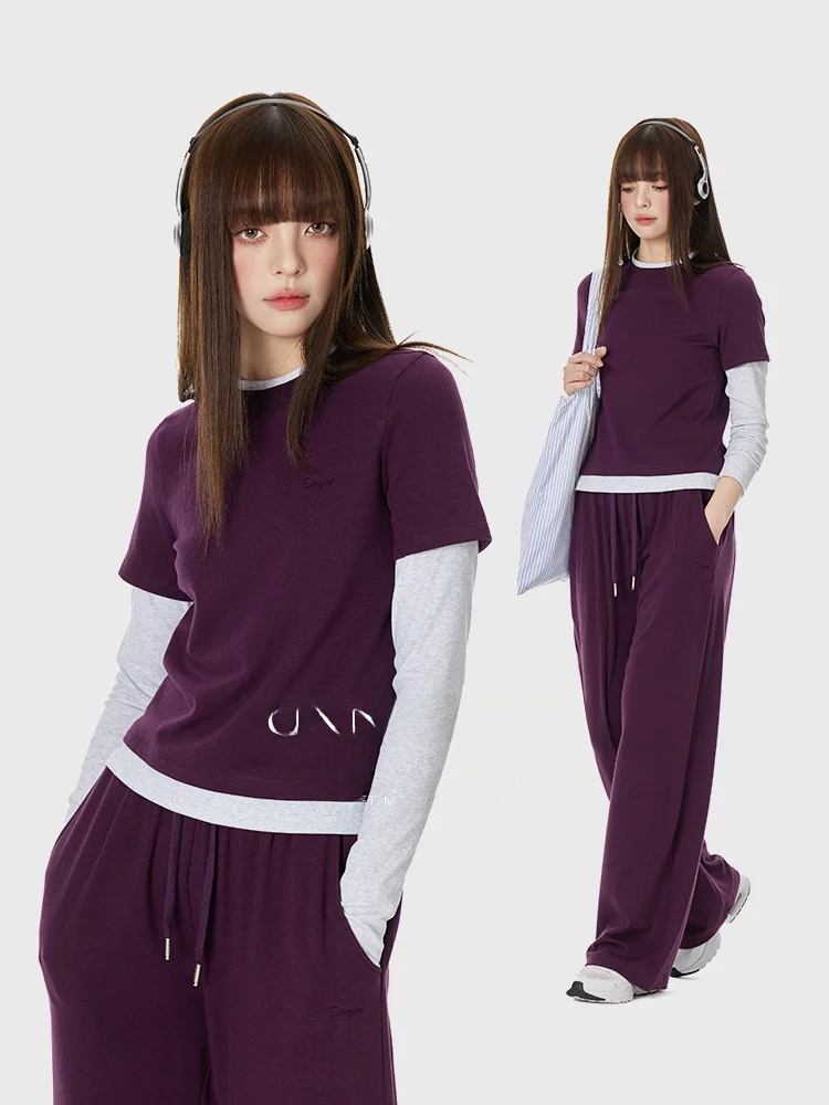 

Fashionable Casual Sportswear Set Women's 2026 New Style Fake Two-Piece T-Shirt Long Pants Two-Piece Set Turn Signal Brand