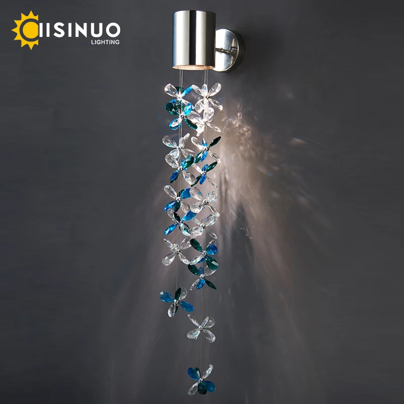 Luxury Crystal Bedside Wall Light Stainless Steel Finish Wall Sconces G10 Crystal Hanging Chain Lighting for Bedroom Living Room