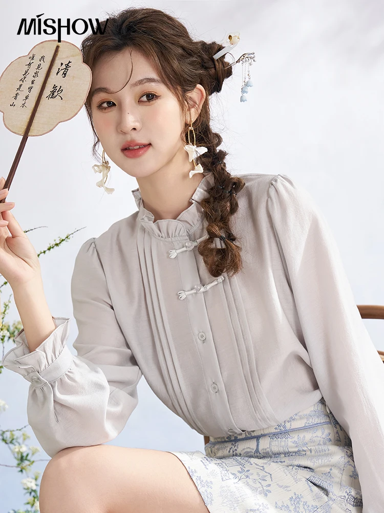 

MISHOW Chinese Button Up Blouses 2024 Spring Solid Stand Collar Flare Sleeve Jade Buckle Single Breasted Elegant Top MXD14X1352