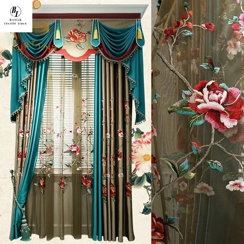 

Custom Size！！New Chinese Relief Peony Embroidered Window Gauze Champagne Patched Curtains for Living Room Bedroom Decor Window