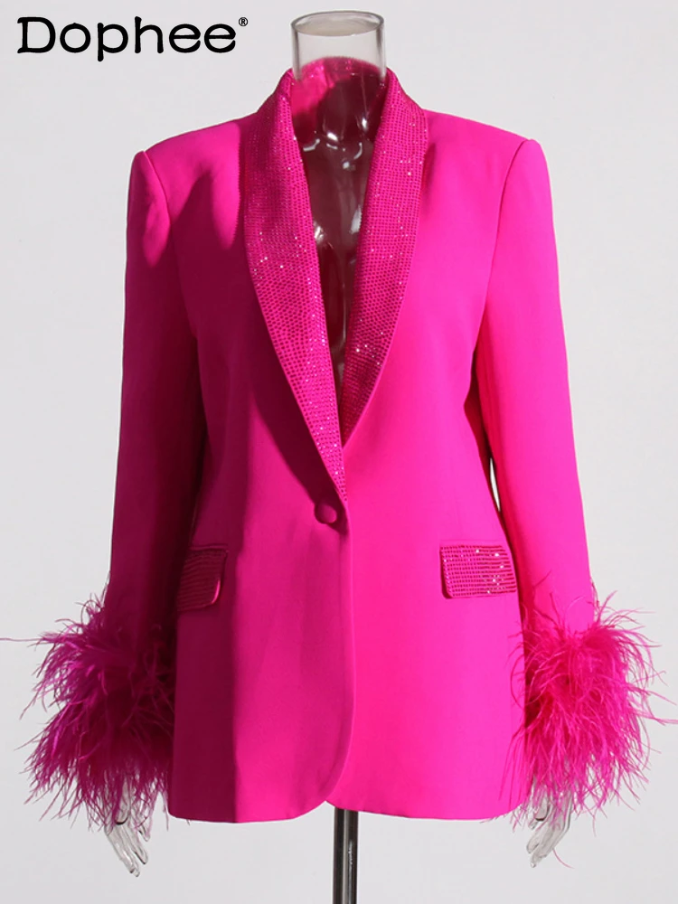 

Long Sleeve Stitching Ostrich Fur Light Diamond Decorative Suit Jacket for Women 2024 New Fashion Temperament Rose Red Blazer