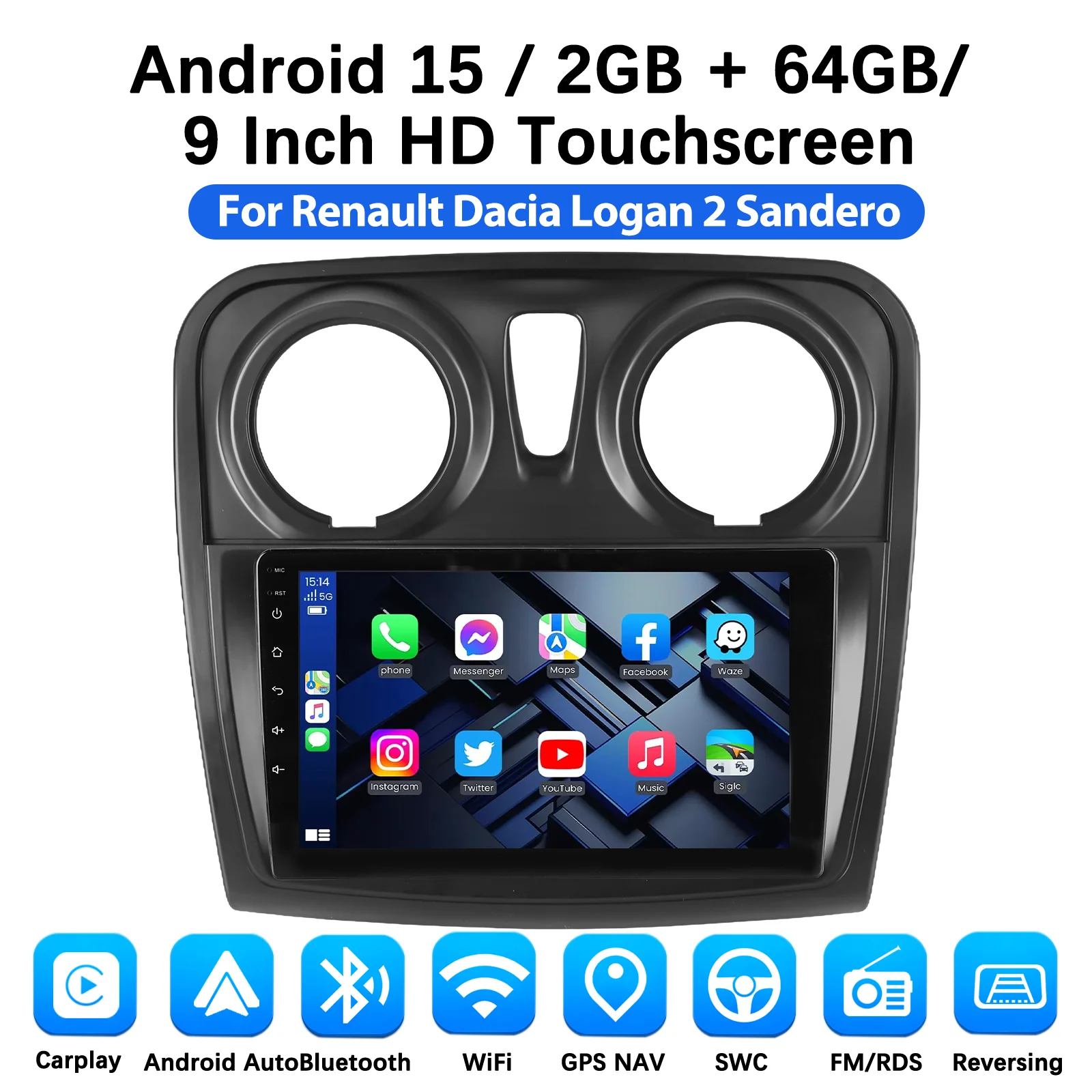 DAB+ Android 15 autoradio voor Renault Logan 2 2012 - 2019 Sandero 2 2014 - 2019 Multimedia Navigatie Carplay Head Unit 2 Din