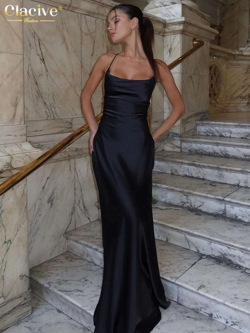 

Clacive Sexy Slim Black Satin Women Dress 2026 Summer Strap Sleeveless Maxi Dresses Elegant Classic Backless Solid Female Dress