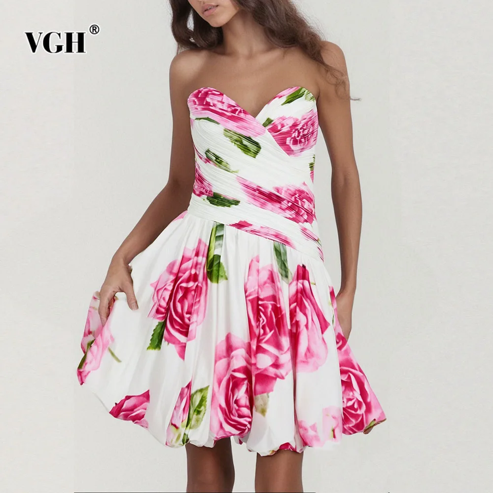 

VGH Cute Printing Slimming Mini Dresses For Women Strapless Sleeveless High Waist Summer Elegant Dress Female Fashion Style New
