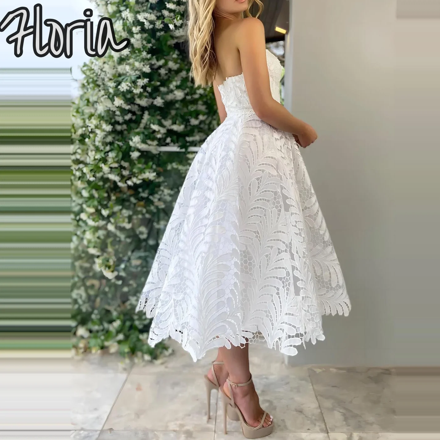 Simple White Sweetheart Leaves Lace A-Line Wedding Dresses Elegant Off The Shouder Bridal Dress Tea Length Prom Dress For Women