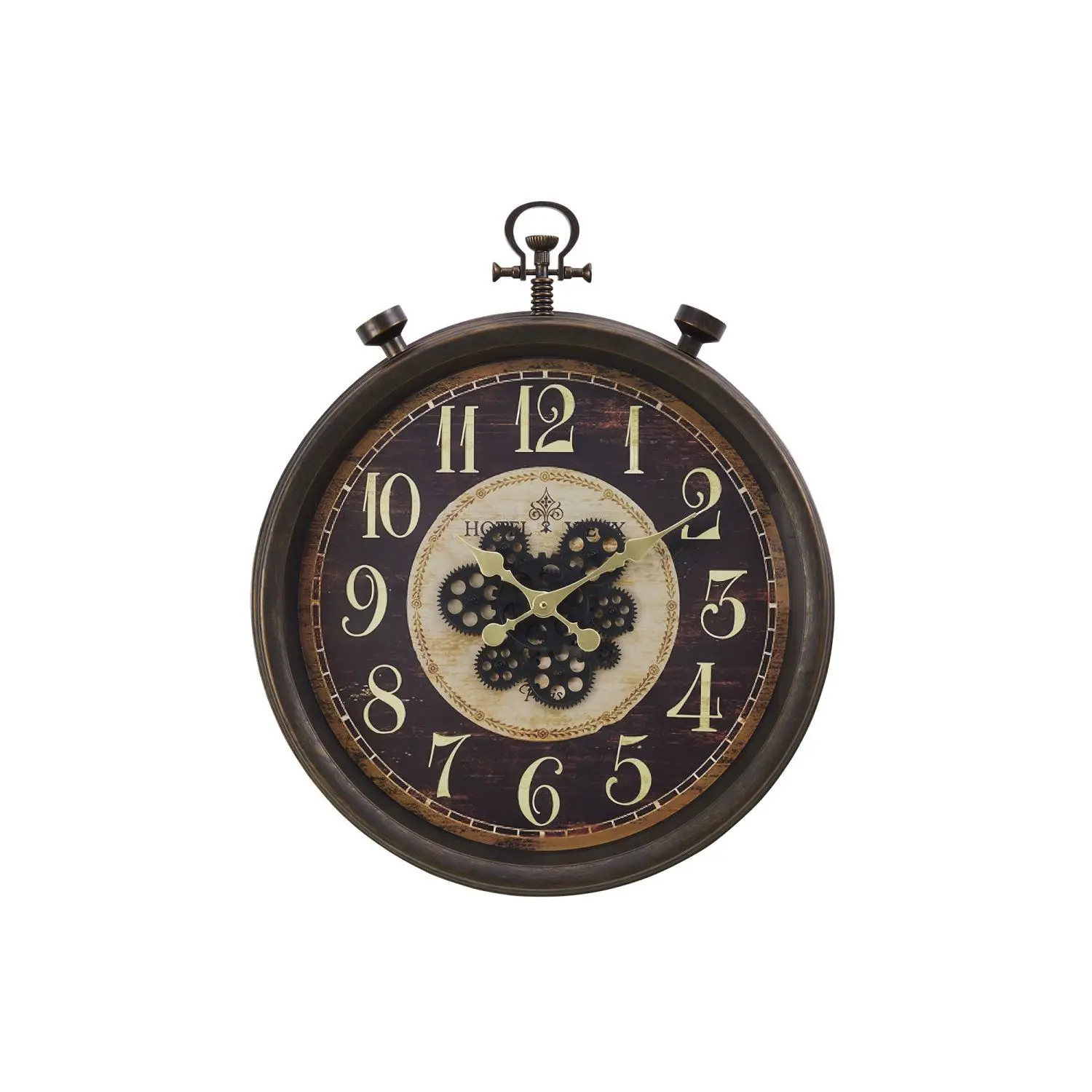 24 Round Traditional Brown Wall Clock with Gear Mechanism