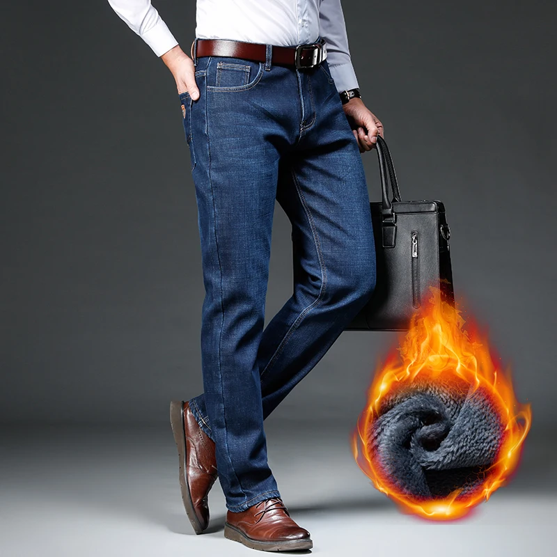 남성용 겨울 울 청바지, 비즈니스 캐주얼 클래식 스트레치 슬림 데님 바지, 레트로 패치 쉴드 클래식 남성복