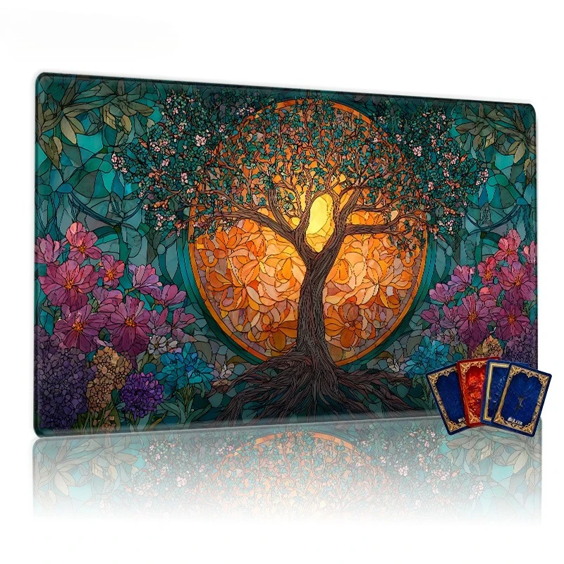 Painted glass tree and blazing sun game mat. Suitable for TCG/CCG/RPG tabletop games. PC use: bright floral game mat