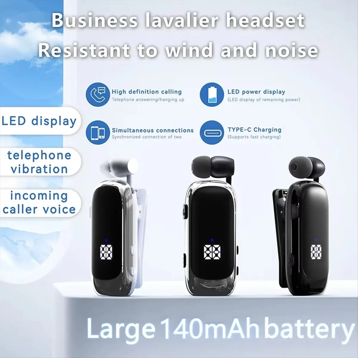 M85K K88 Lavalier Business Bluetooth 5.4 Headphone Talk/Music Time 20 Hours, LED Digital Display,Noice Cancelling Black