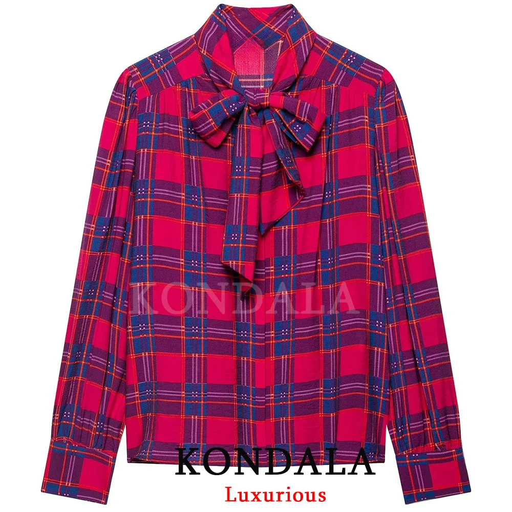 KONDALA Holiday Trendy Women Casual Shirts Plaid Bow Single Breasted Long Sleeve Shirts New Fashion 2026 Autumn Night Out Shirts