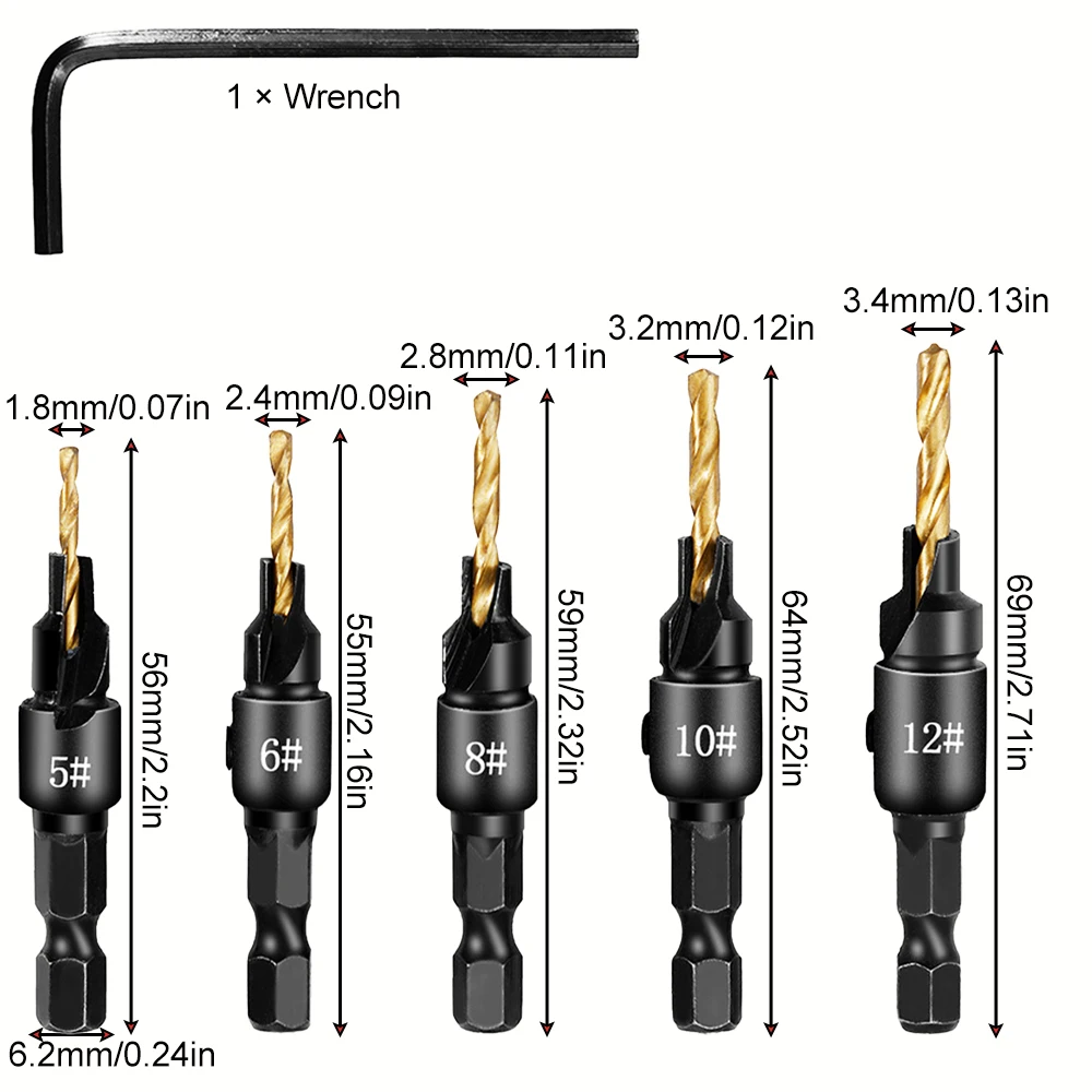 4pcs/5pcs Countersink Drill Bit Set,With 1/4