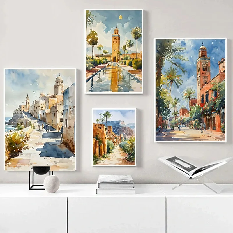 Africa Morocco City Landscape Travel Poster Essaouira Marrakesh Scenery Watercolor Canvas Art Painting Picture Wall Home Decor