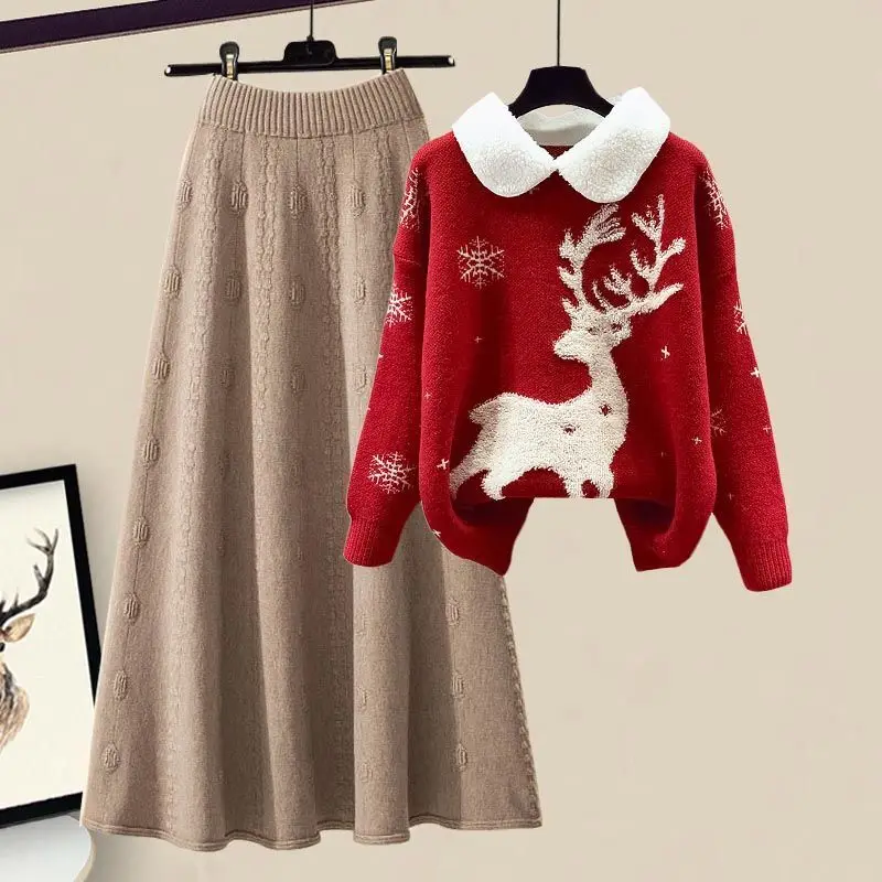 Autumn Winter Cartoon Reindeer Embroidery Lapel Knit Sweater Pullover Slim Fit Knit Skirt Two-piece Set Women\'s Skirt Set